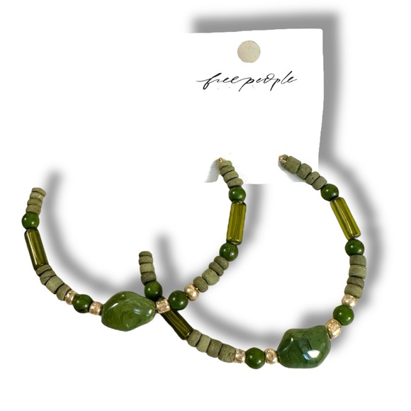 Free People Bom Bom Island Beaded Bohemian Half Hoops in Green NWT Beach - Picture 1 of 10